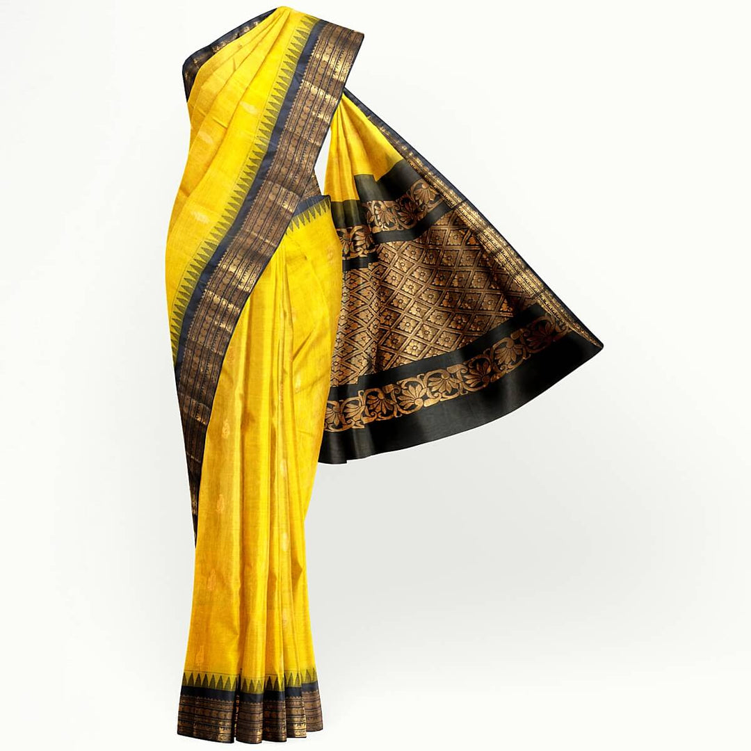 Gadwal cotton silk saree in  lemon green & black