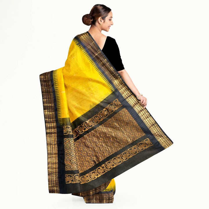 Gadwal cotton silk saree in  lemon green & black