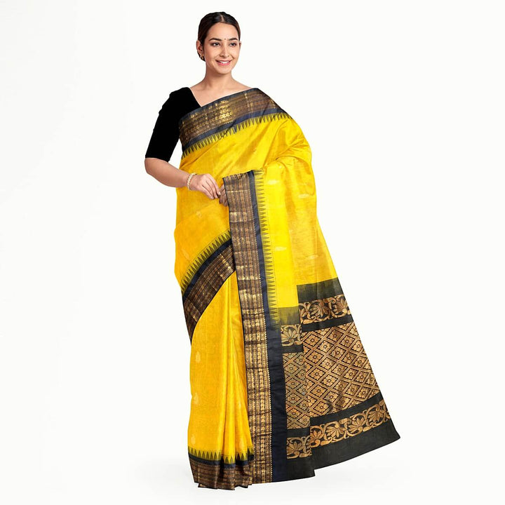 Gadwal cotton silk saree in  lemon green & black