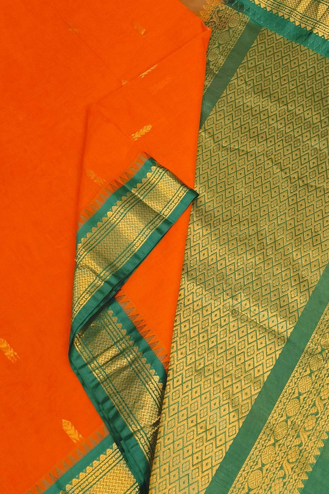 Gadwal cotton silk saree in orange  & green