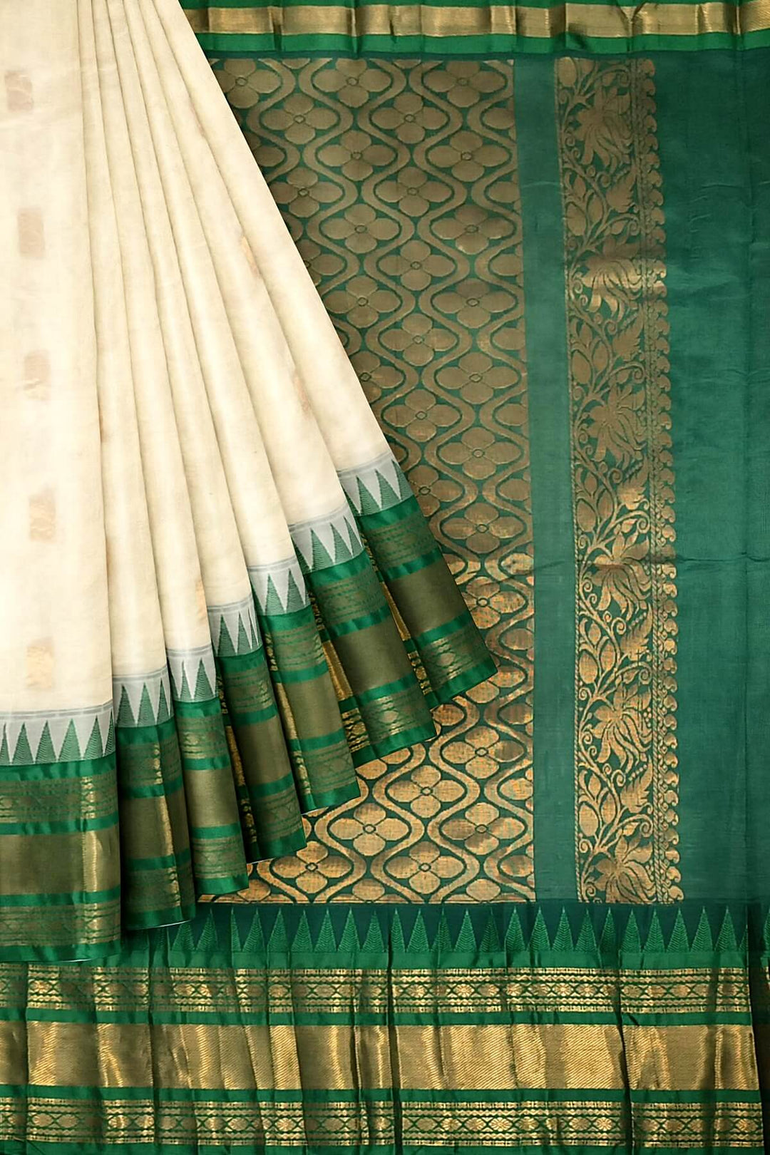 Gadwal cotton silk saree in cream & green