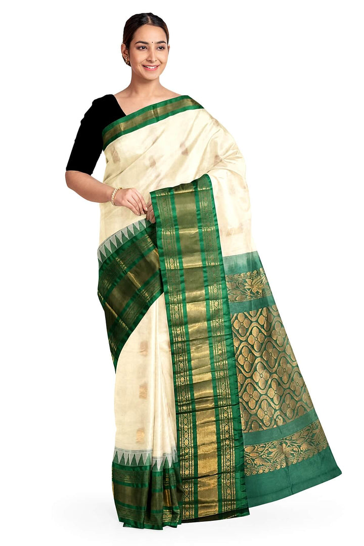 Gadwal cotton silk saree in cream & green