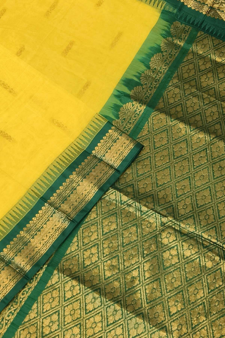 Gadwal cotton silk saree with buttis in lemon yellow