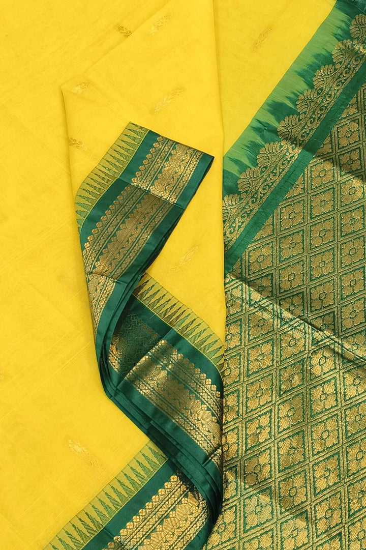 Gadwal cotton silk saree with buttis in lemon yellow