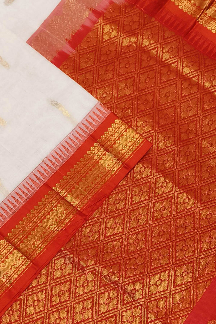 Gadwal cotton silk saree with buttis in white