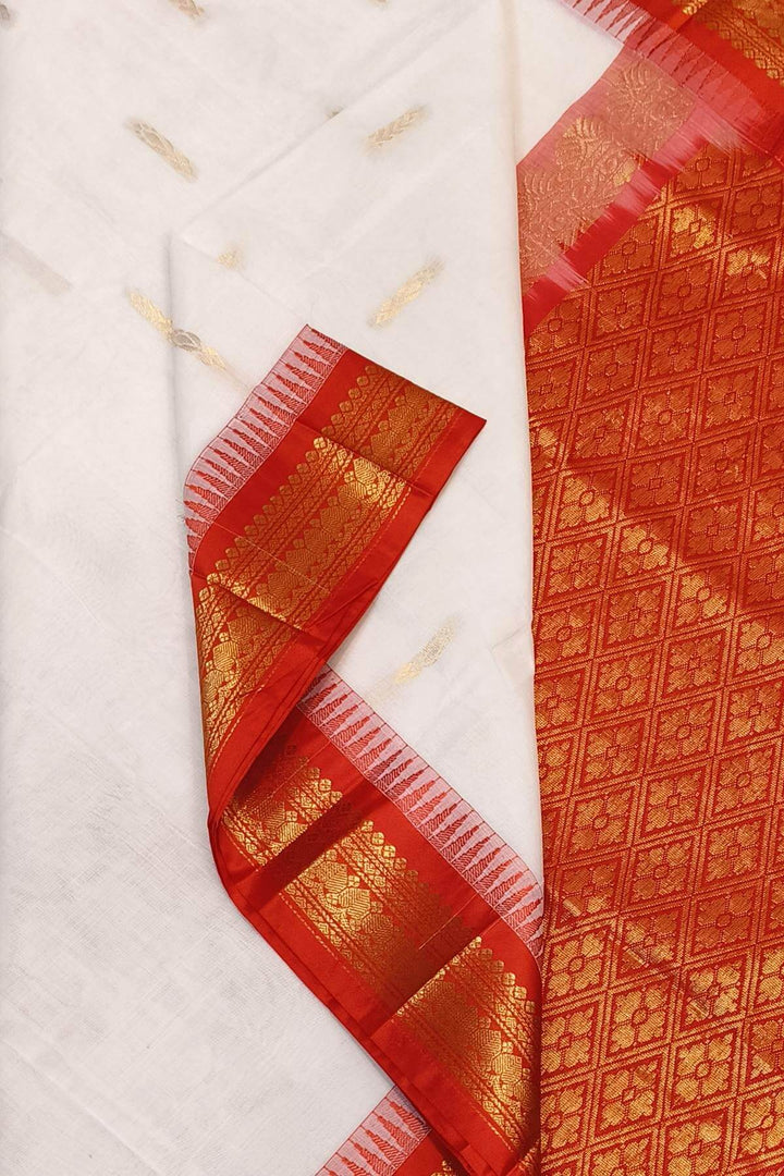 Gadwal cotton silk saree with buttis in white