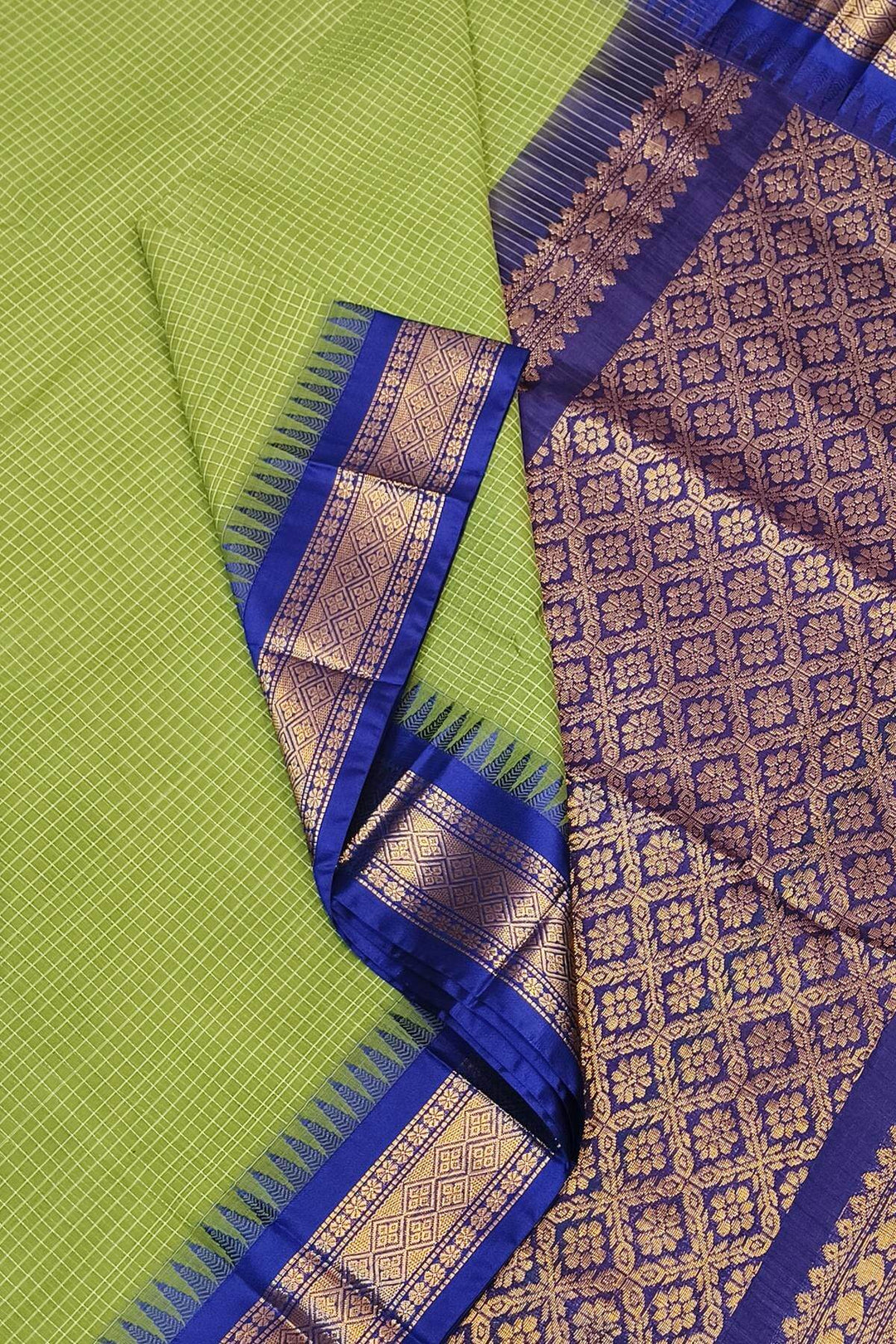 Gadwal cotton silk saree in self checks in salmon green