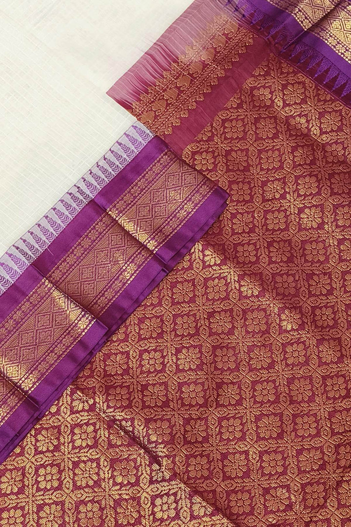 Gadwal cotton silk saree in self checks in off white