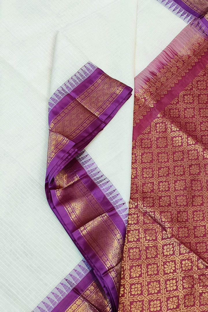Gadwal cotton silk saree in self checks in off white