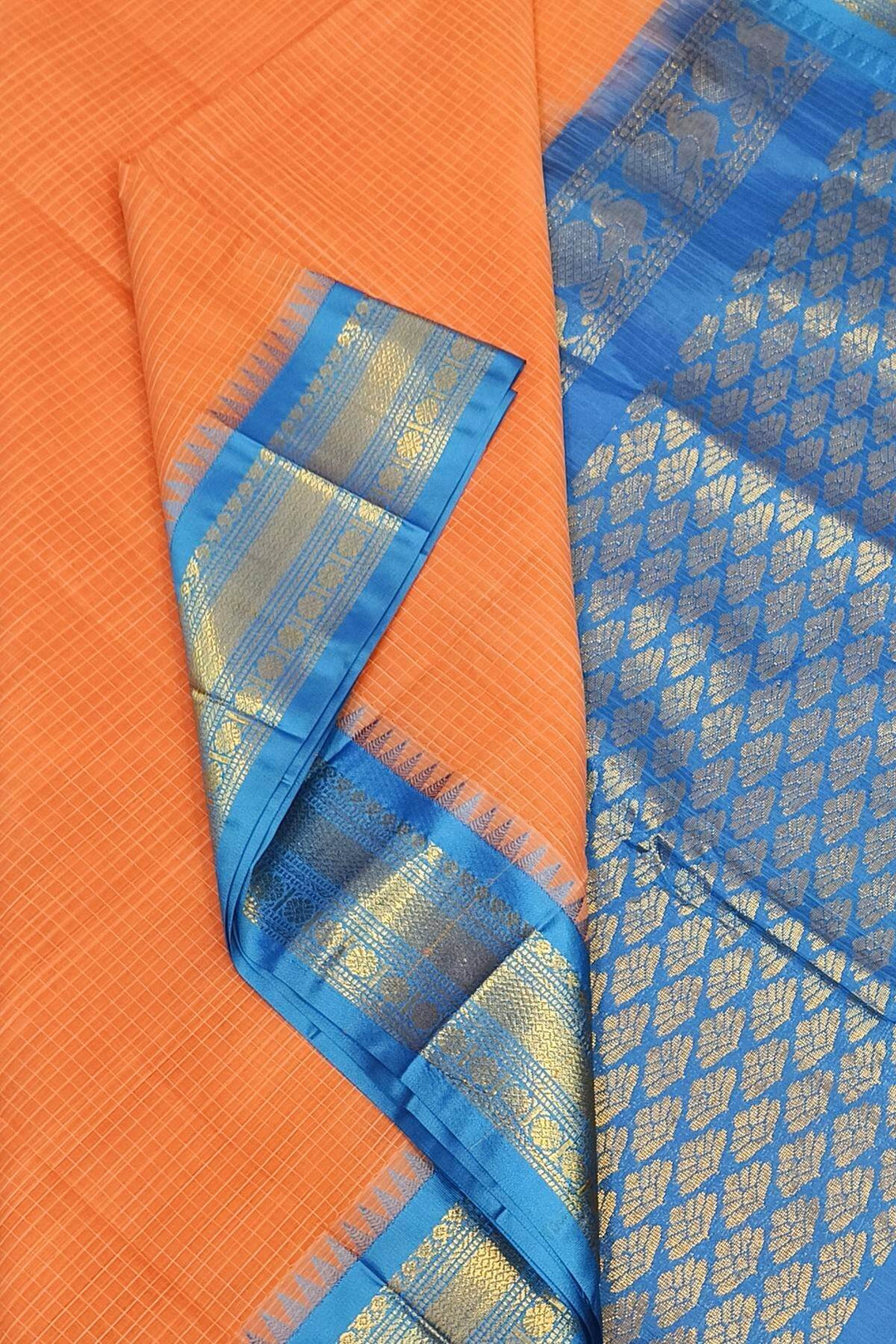 Gadwal cotton silk saree in self checks in peach