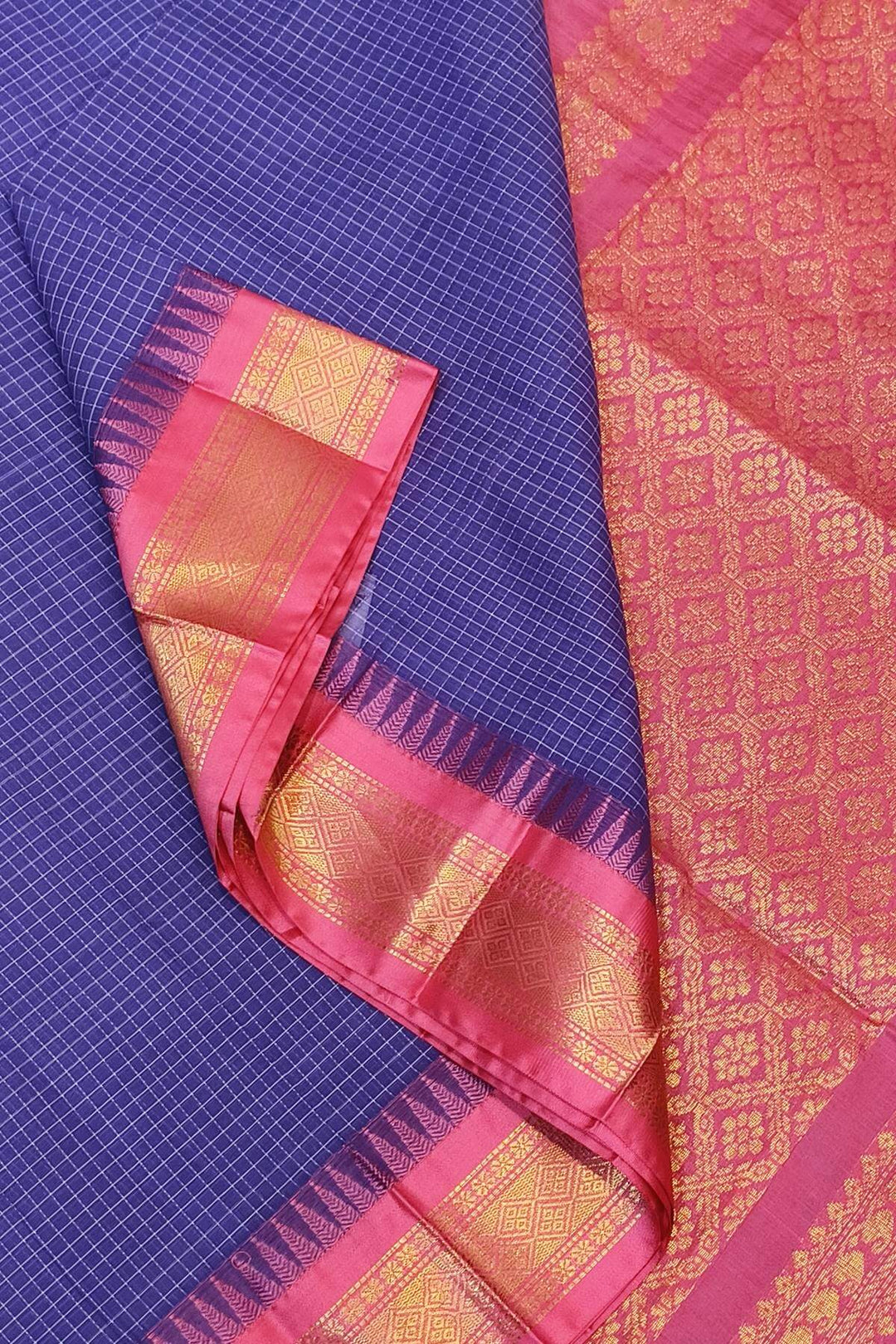 Gadwal cotton silk saree in self checks in dark lavender