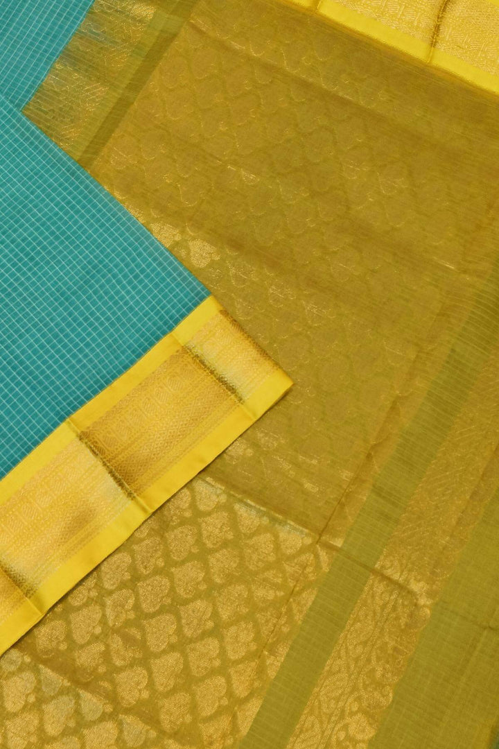 Gadwal cotton silk saree in self checks in rexona green