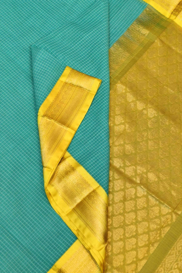 Gadwal cotton silk saree in self checks in rexona green