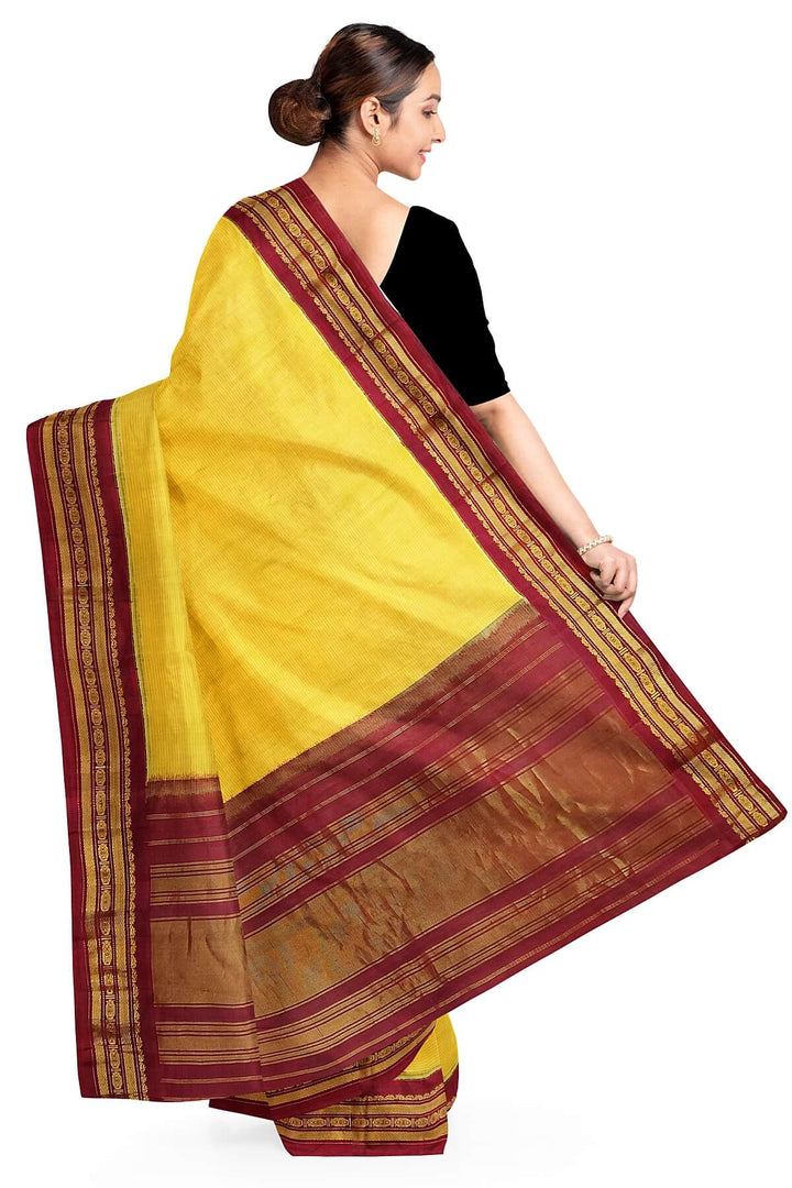 Handloom Gadwal pure cotton saree in fine checks in yellow with silk pallu
