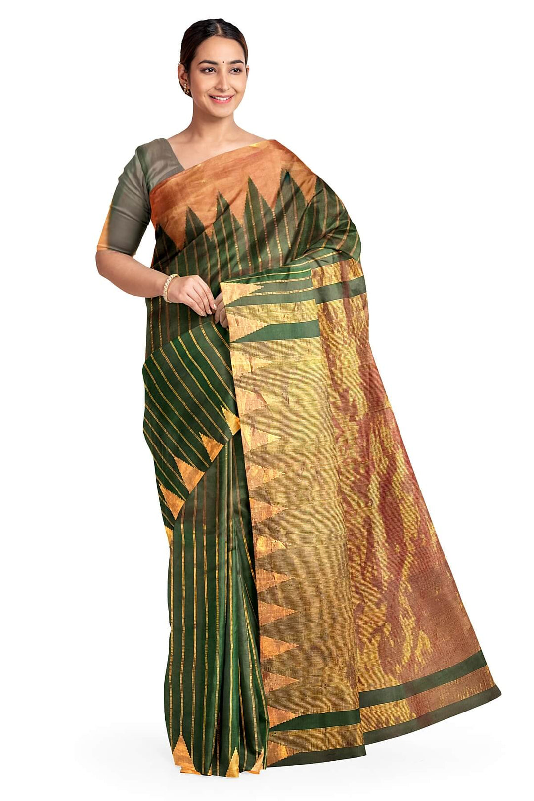 Gadwal pure silk saree in zari stripes in dark green