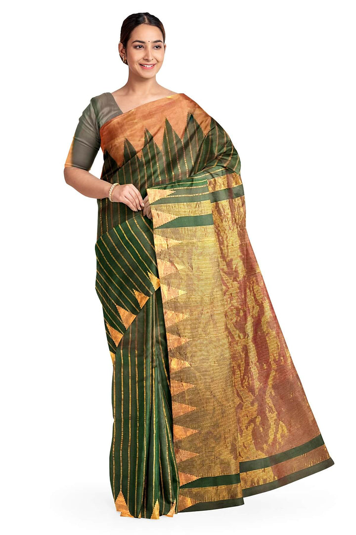 Gadwal pure silk saree in zari stripes in dark green