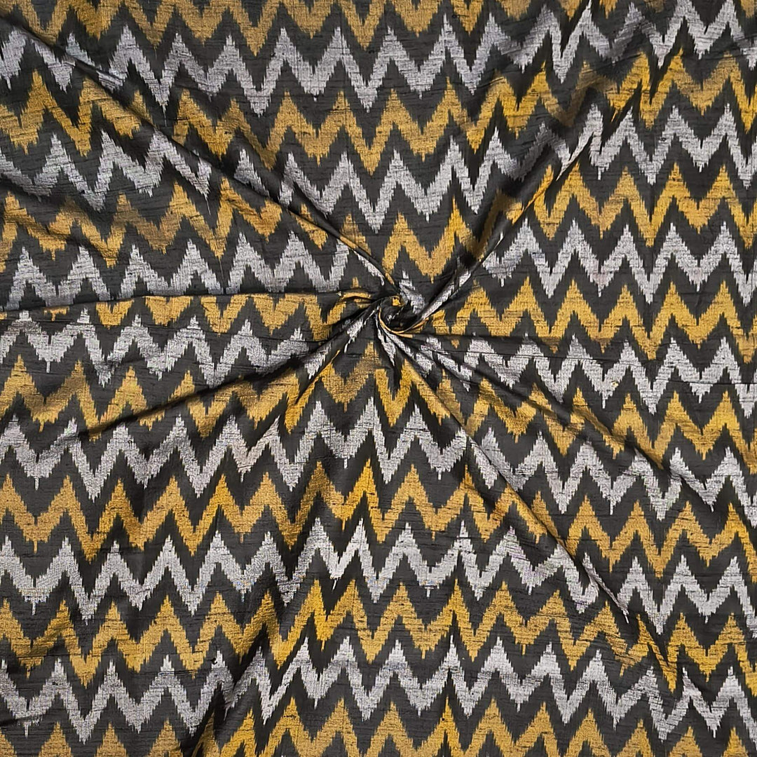 Handwoven Ikat pure silk fabric in black in zig zag pattern in dupion finish