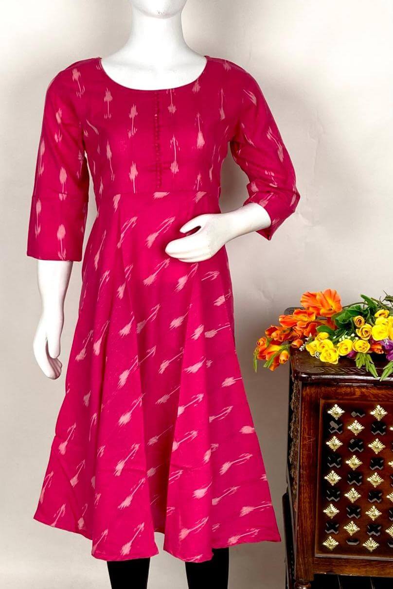 Ikkat cotton kurti in A line in pink