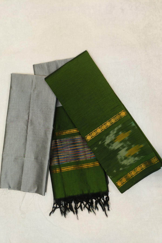Handloom ikat silk cotton salwar suit material in mehndi green