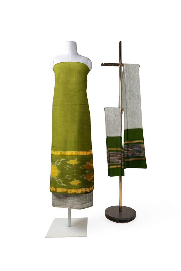 Handloom ikat silk cotton salwar suit material in mehndi green
