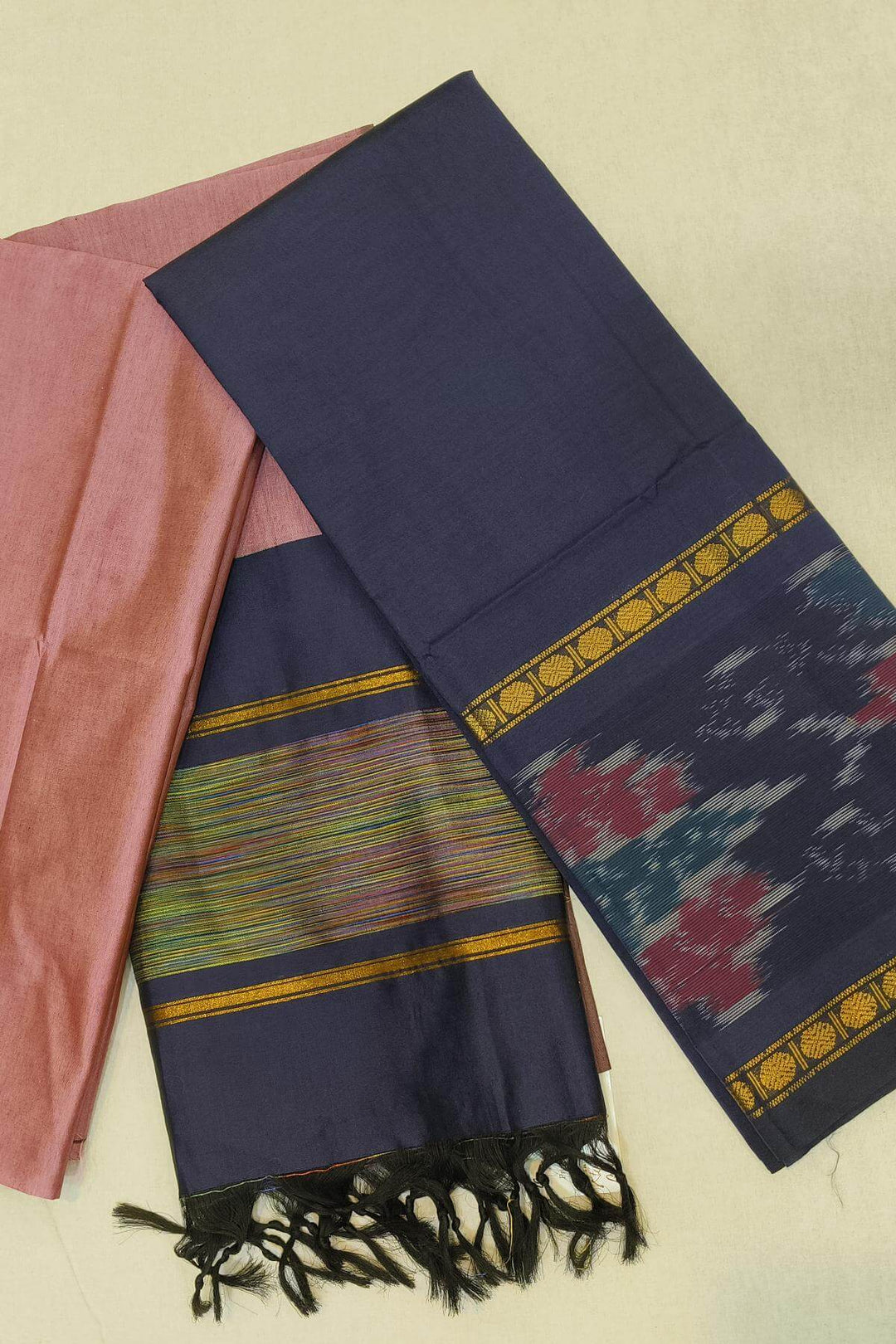 Handloom ikat silk cotton salwar suit material in navy blue