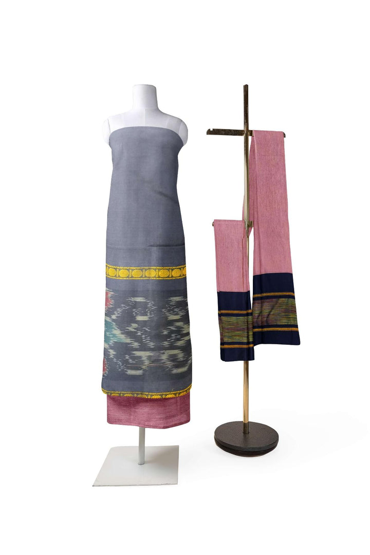 Handloom ikat silk cotton salwar suit material in navy blue