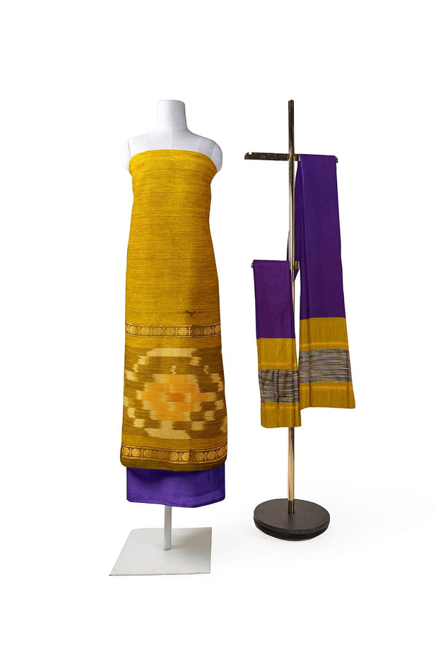 Handloom ikat silk cotton salwar suit material in mustard
