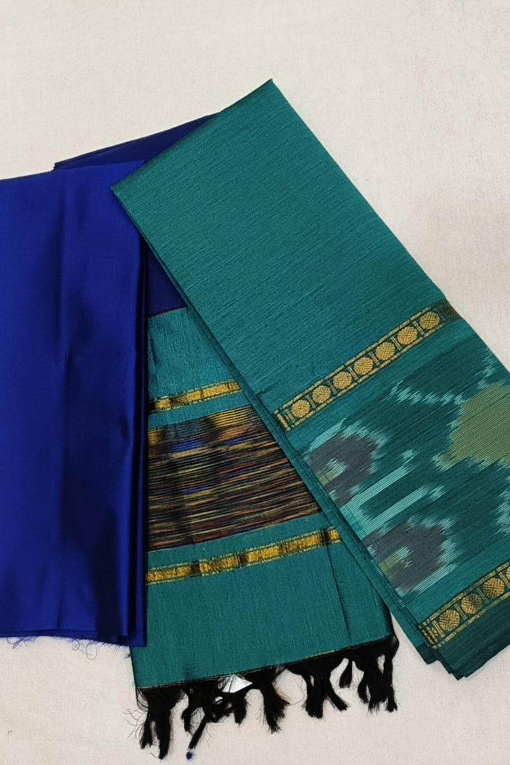 Handloom ikat silk cotton salwar suit material in teal blue