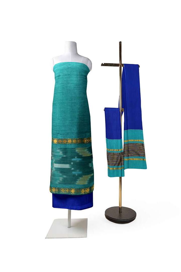 Handloom ikat silk cotton salwar suit material in teal blue
