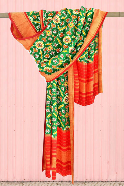 Handwoven Ikkat pure silk dupatta in green in pan patola pattern
