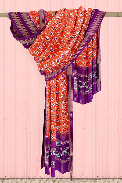 Handwoven Ikat pure silk dupatta in orange in diamond pattern