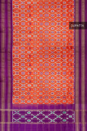 Handwoven Ikat pure silk dupatta in orange in diamond pattern