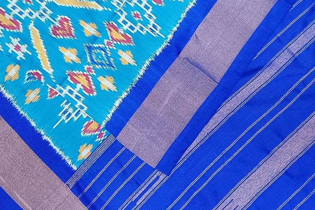 Handwoven Ikat pure silk dupatta in blue in pan bhat pattern