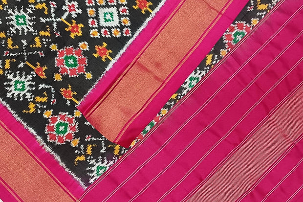 Handwoven ikat pure silk dupatta in black in navratan pattern