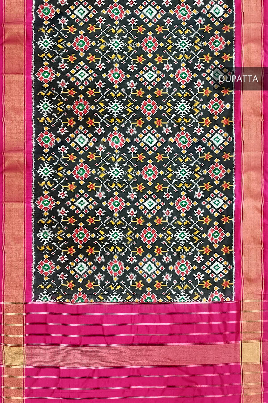 Handwoven ikat pure silk dupatta in black in navratan pattern