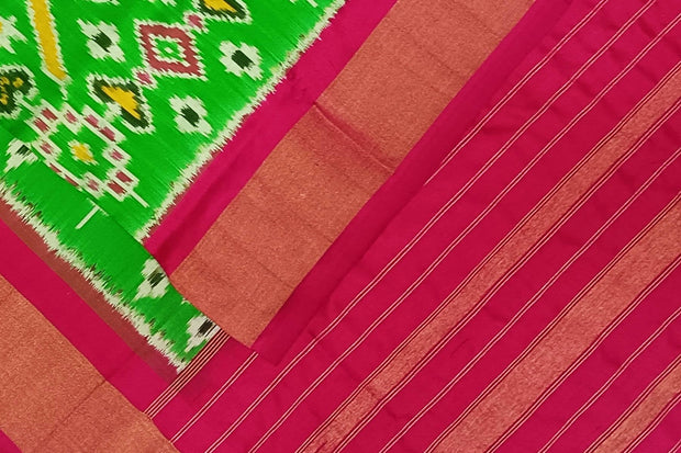 Handwoven ikat pure silk dupatta in green in pan bhat pattern