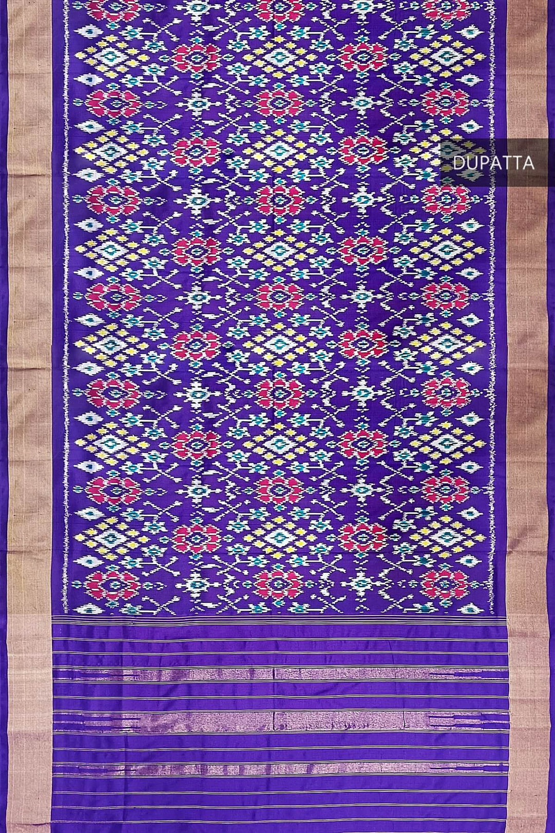 Handwoven ikat pure silk dupatta in violet in navratan pattern