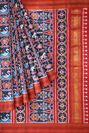 Double ikat pure silk saree in  blue in fish & swan pattern