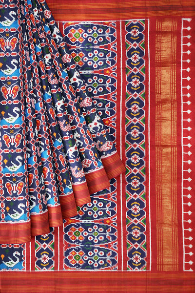 Double ikat pure silk saree in  blue in fish & swan pattern