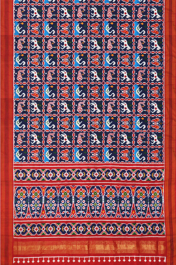 Double ikat pure silk saree in  blue in fish & swan pattern