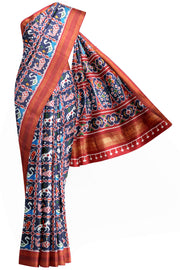 Double ikat pure silk saree in  blue in fish & swan pattern