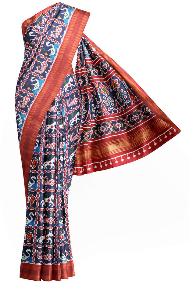 Double ikat pure silk saree in  blue in fish & swan pattern