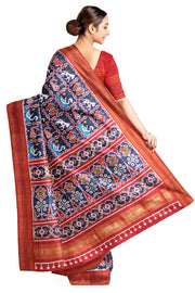 Double ikat pure silk saree in  blue in fish & swan pattern