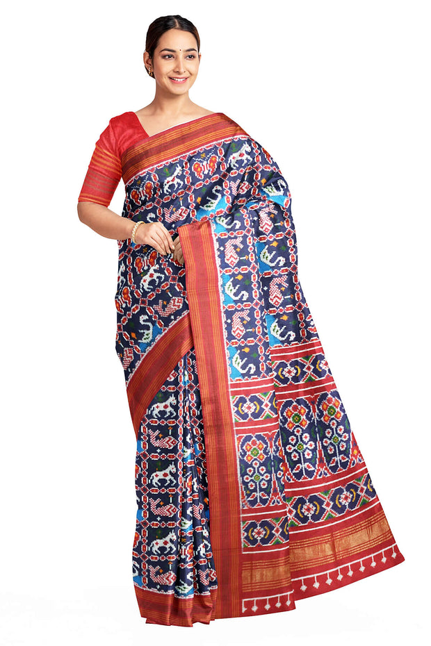 Double ikat pure silk saree in  blue in fish & swan pattern