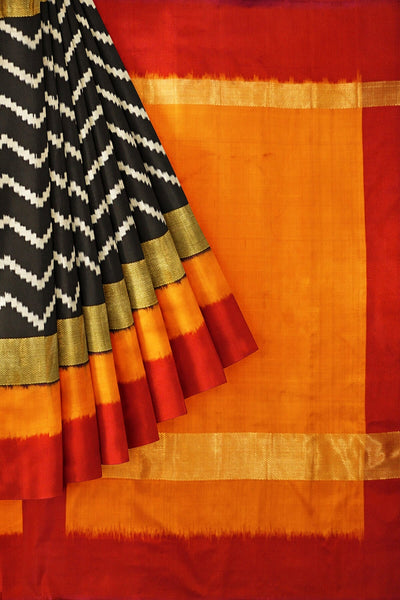 Ikat pure silk saree in black in  zigzag pattern