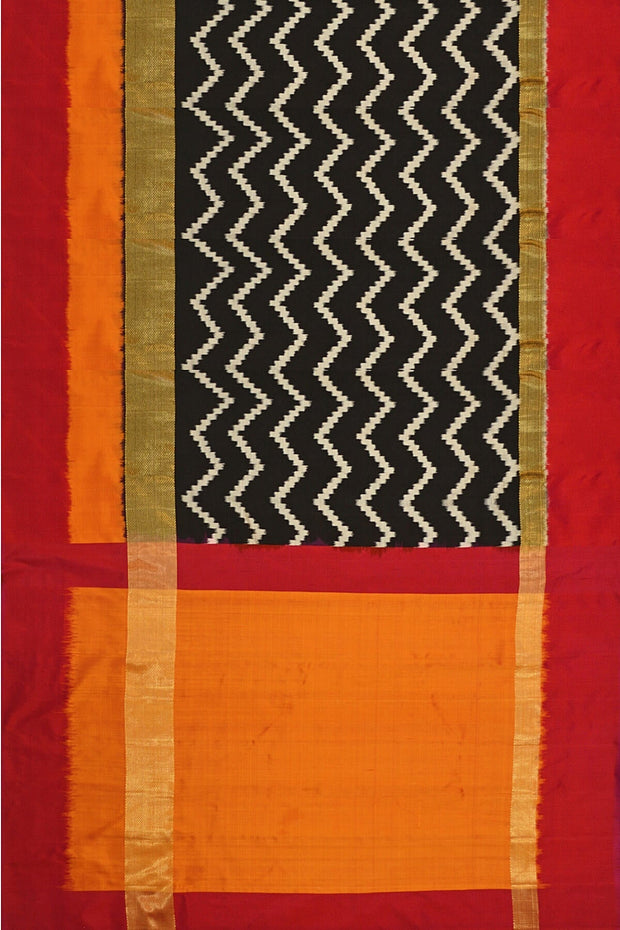 Ikat pure silk saree in black in  zigzag pattern