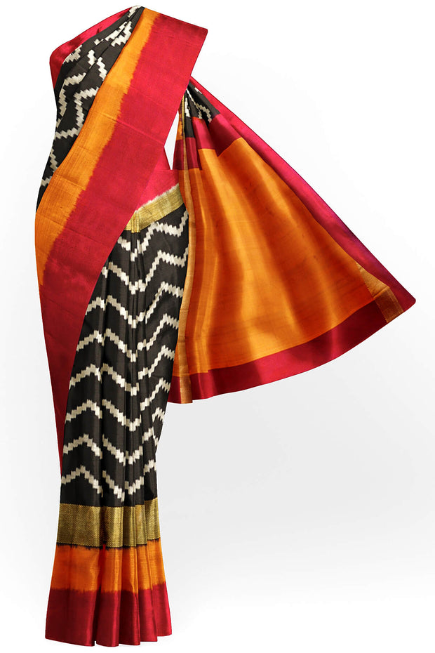 Ikat pure silk saree in black in  zigzag pattern