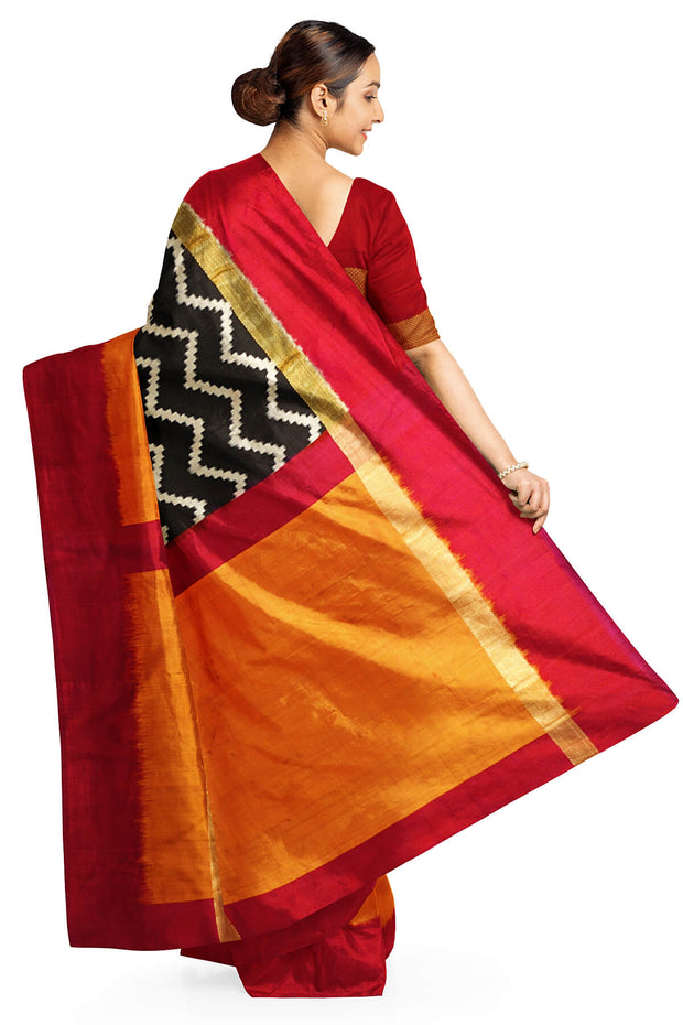 Ikat pure silk saree in black in  zigzag pattern