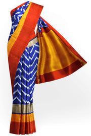 Ikat pure silk saree in blue in zigzag pattern and a zari border with  contrast pallu