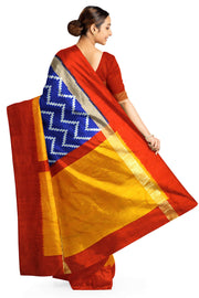 Ikat pure silk saree in blue in zigzag pattern and a zari border with  contrast pallu